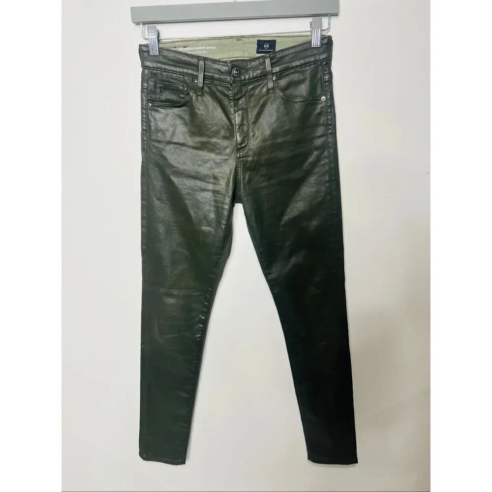 AG The Farrah Skinny Ankle Lt Shady Moss Green Coated Jeans HIgh Rise 27R